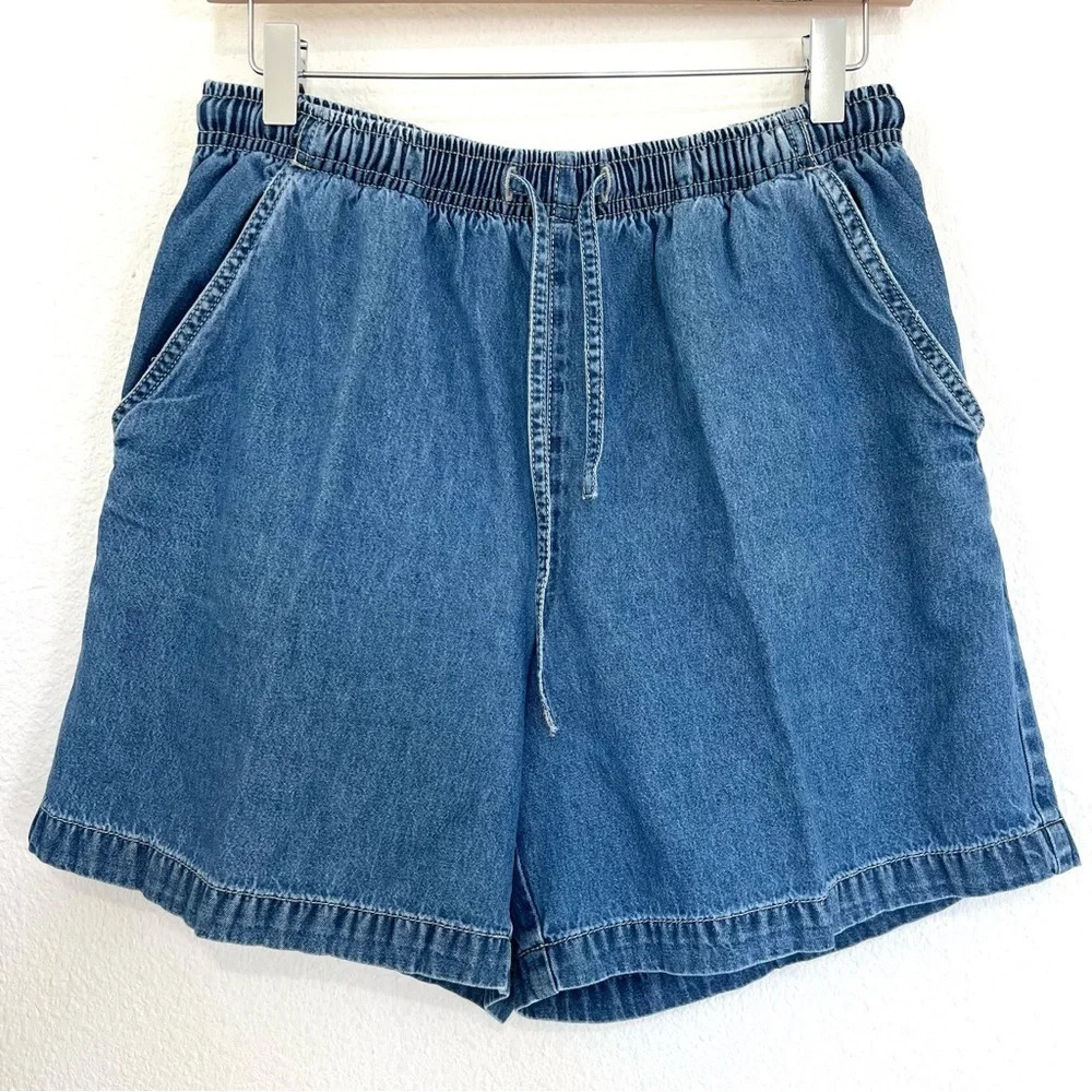 Elastic High Waist Pull On Denim Shorts Vintage 100% Cotton Size Small Petite